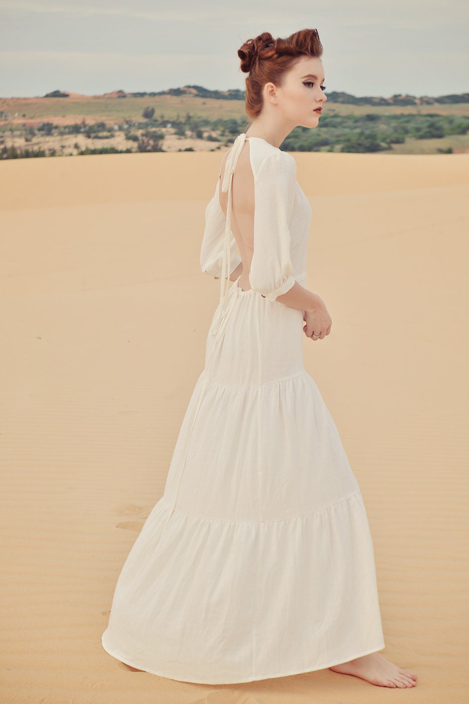 white linen dress open back Linen Midi Summer Open Back Dress Anne  Old Linen Mill