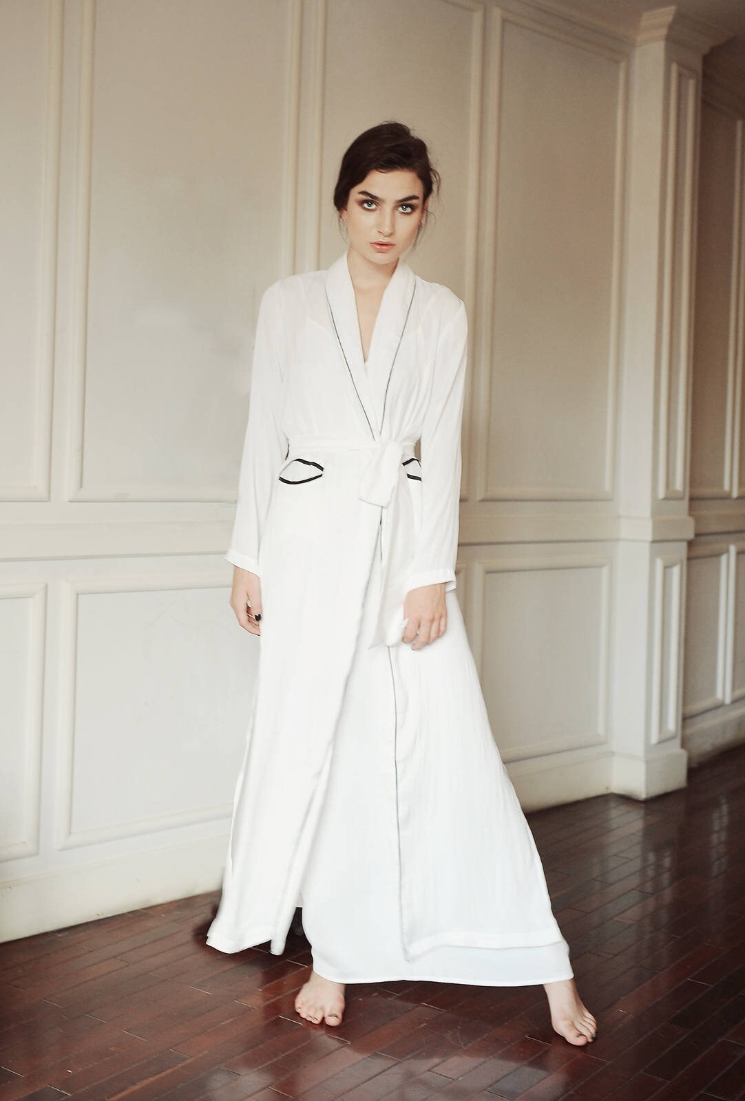 Beautiful Woman Robe Women Silk Robe - Robe With Piping Line - Elegant Bridal Robe - Black ...