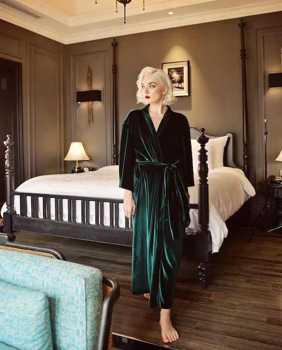 emerald green silk dressing gown Emerald Satin Robe with Statement Sleeves — Elegant Gift M / Dark Green