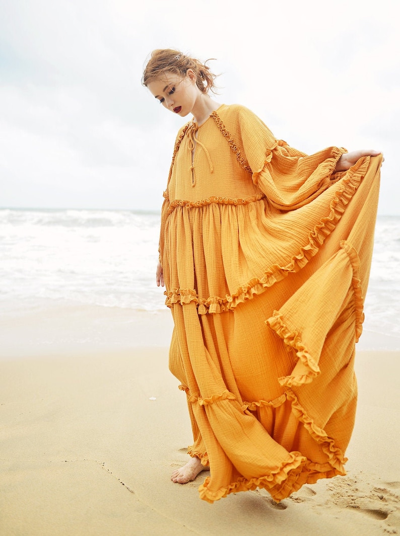 Boho Dress Full Length Long Sleeves Dress Linen Beach Dress image 3