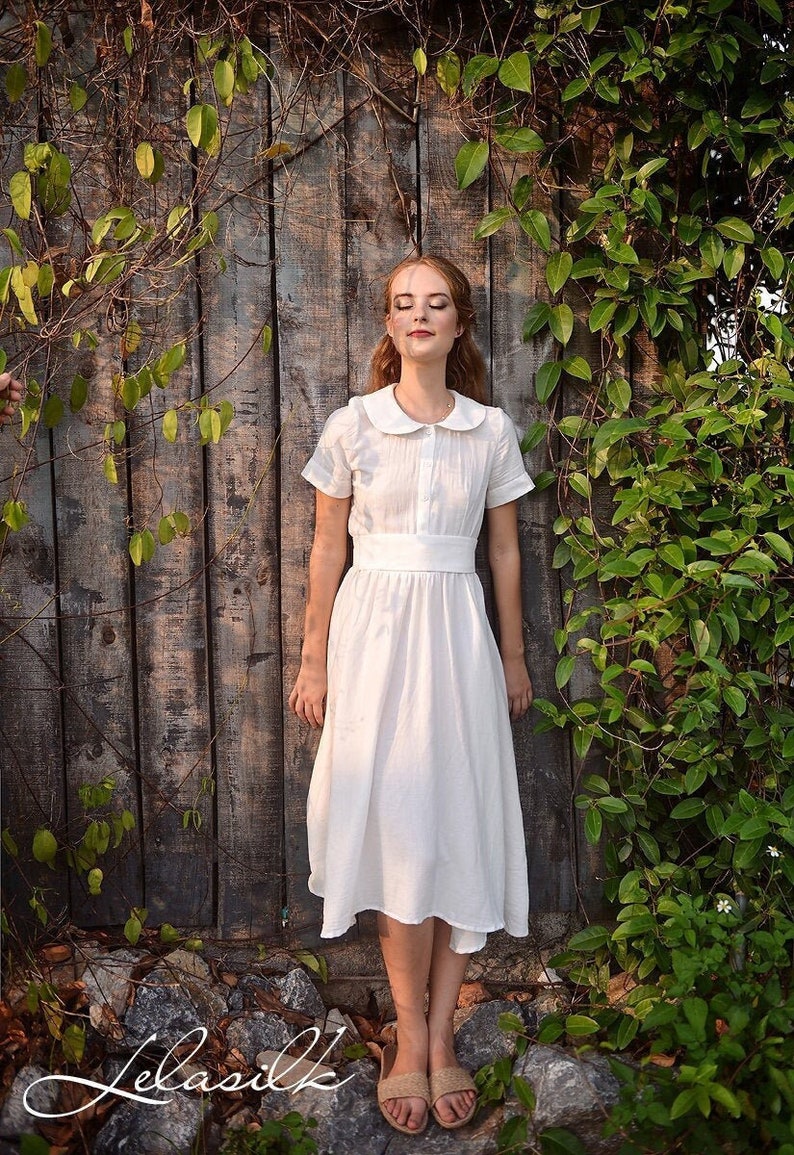 Summer Midi Linen Dress Linen Dress with Collar Midi Cotton Dress Women White Midi Dress Organic Cotton Clothing image 6