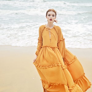 Boho Dress Full Length Long Sleeves Dress Linen Beach Dress image 1