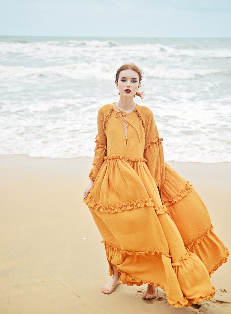 Boho Dress Full Length Long Sleeves Dress Linen Beach Dress image 1