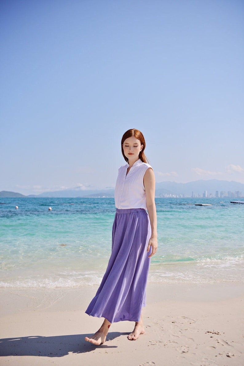 Linen Skirt Midi Length with Elastic Waist in Lilac image 2