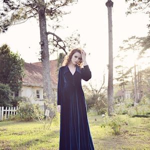 May include: A long, dark teal velvet dress with long sleeves and a button-down front. The dress is worn outdoors in a grassy area with trees and a house in the background. The dress has a classic, elegant style.