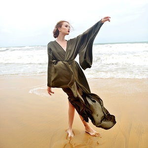 Silk Robe Kimono Sleeves Bridal Long Robe Getting Ready Robe Floor Length Gown Long Dressing Gown Long Sleeve Wedding Robe image 3