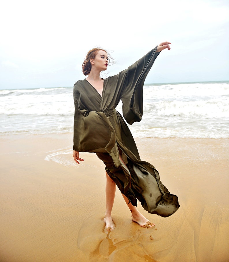 Silk Robe Kimono Sleeves Bridal Long Robe Getting Ready Robe Floor Length Gown Long Dressing Gown Long Sleeve Wedding Robe image 3