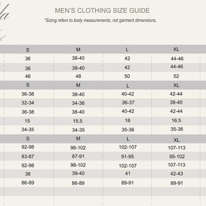 May include: A size chart for men's clothing with measurements in inches and centimeters. The chart includes sizes for chest, waist, hip, neck, and arm length.