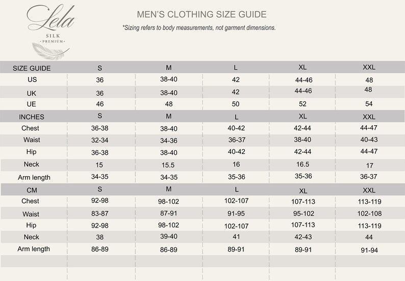 May include: A size chart for men's clothing with measurements in inches and centimeters. The chart includes sizes for chest, waist, hip, neck, and arm length.