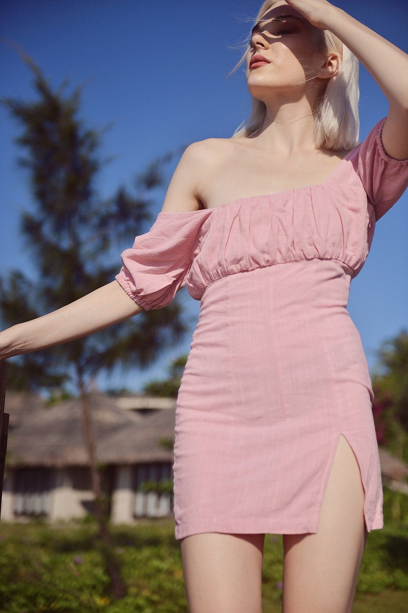 Pink Mini Dress Linen Short Dress Pink Summer Dress image 4