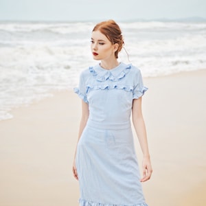 Summer Dress Cotton Women Linen Dress Short Sleeves Dress Frills Cotton Dress image 9