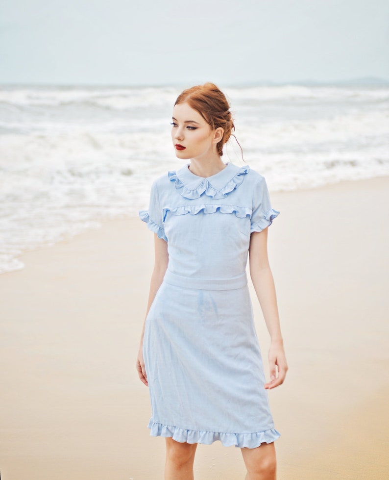 Summer Dress Cotton Women Linen Dress Short Sleeves Dress Frills Cotton Dress image 9