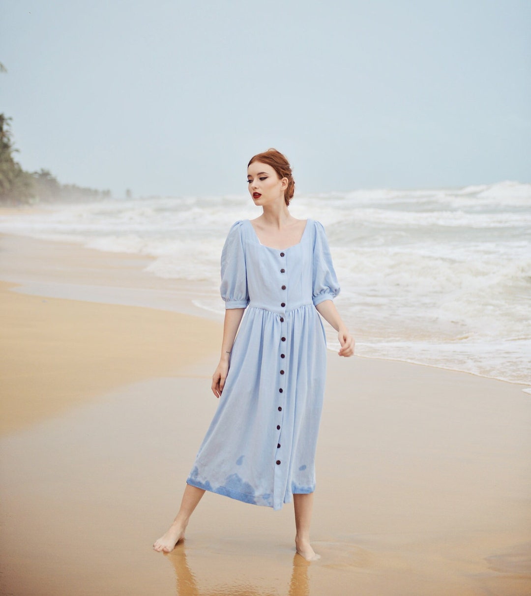 Linen Dress Midi Blue - Linen Dress With Pockets - Half Sleeve Dress - Women Linen Dress ...