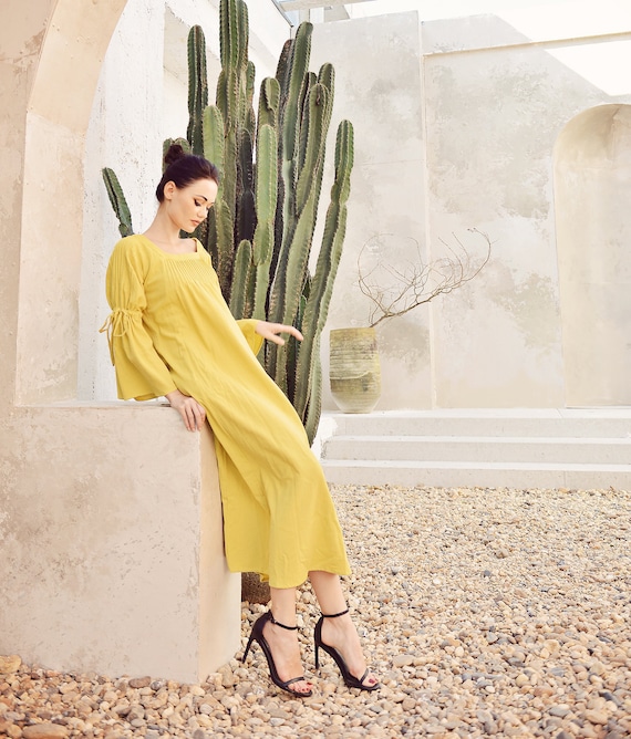 gold linen dress Linen Maxi Dress - Gold Dress Women - Loose Dress Cotton