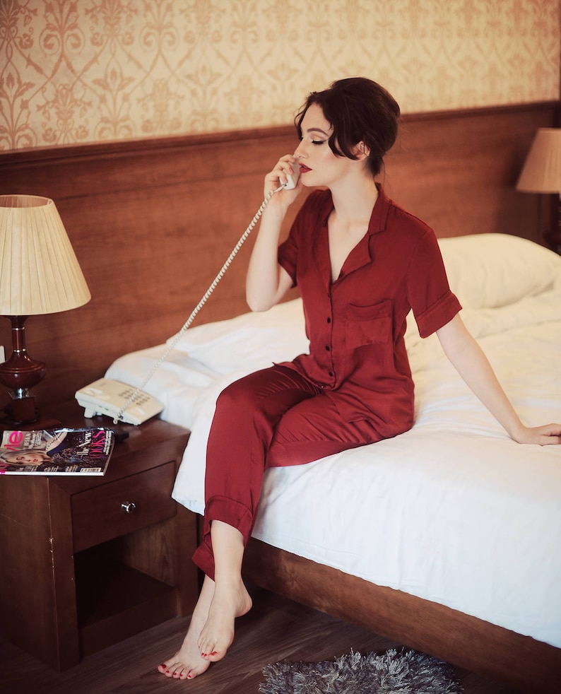 Silk Pajamas Set Women Women Burgundy Pajamas Silk Sleep Sets Lelasilk image 2