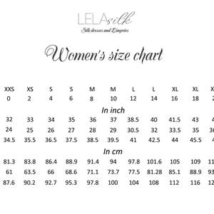 May include: A size chart for women's clothing, showing measurements in inches and centimeters for chest, waist, and hips. The chart includes sizes from XXS to XXL.