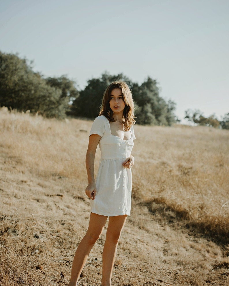 White Linen Dress - Short Sleeve Dress - Linen Short Dress - Womens Dresses image 7