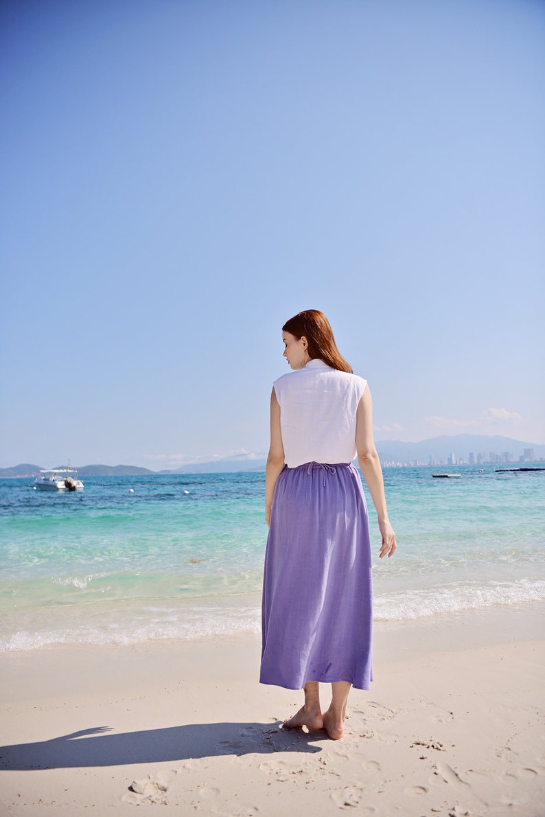 Linen Skirt Midi Length with Elastic Waist in Lilac image 3
