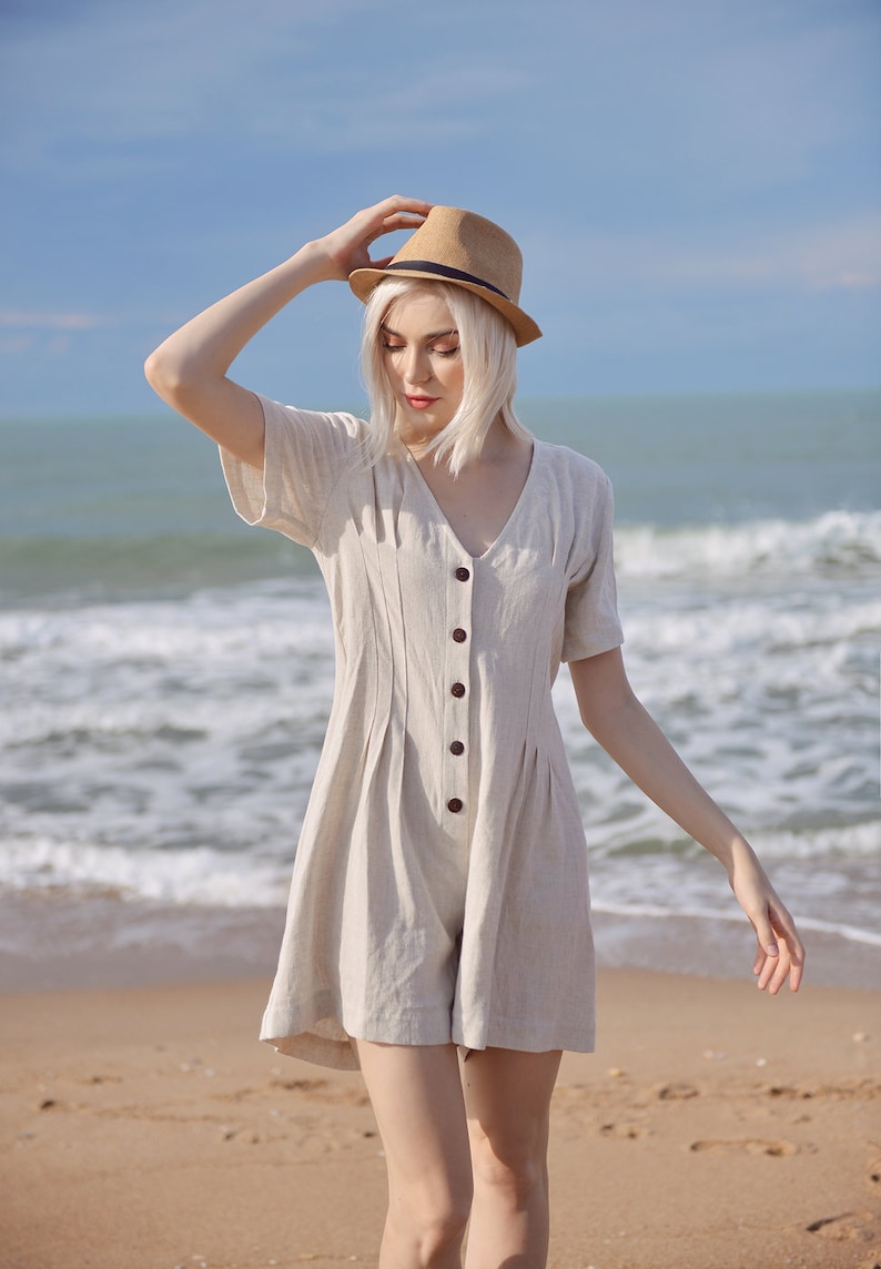 Linen Women Romper Linen Jumpsuit for Women Short Linen Jumper Organic Cotton Romper image 6