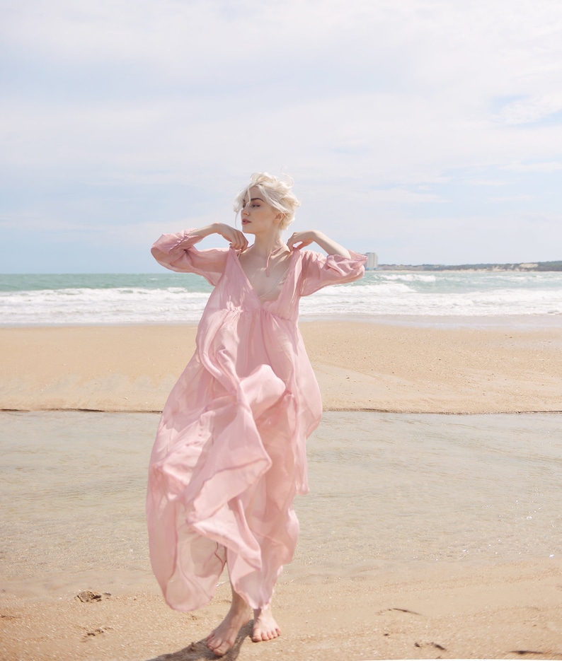 Sheer Silk Long Dress Maternity Dress for Photoshoot Sheer Silk Beach Cover up Sheer Long Dress Lelasilk image 1