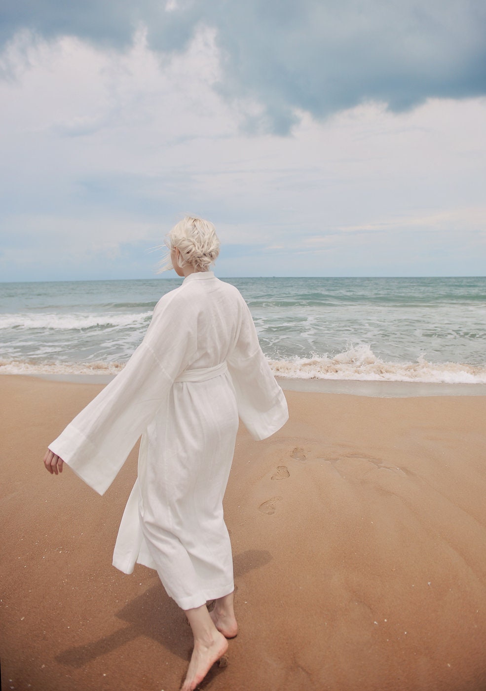 Women Linen Robe With Pockets - White Linen Long Robe - Organic Cotton ...