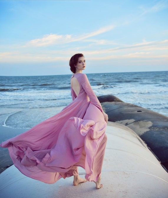 pink silk maternity dress Long Silk Dress - Open back Silk Dress - Women Silk Dress - Maternity Dress for Photo Shoot - Wedding Guest Dress