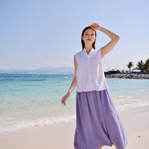 Linen Skirt Midi Length with Elastic Waist in Lilac image 7