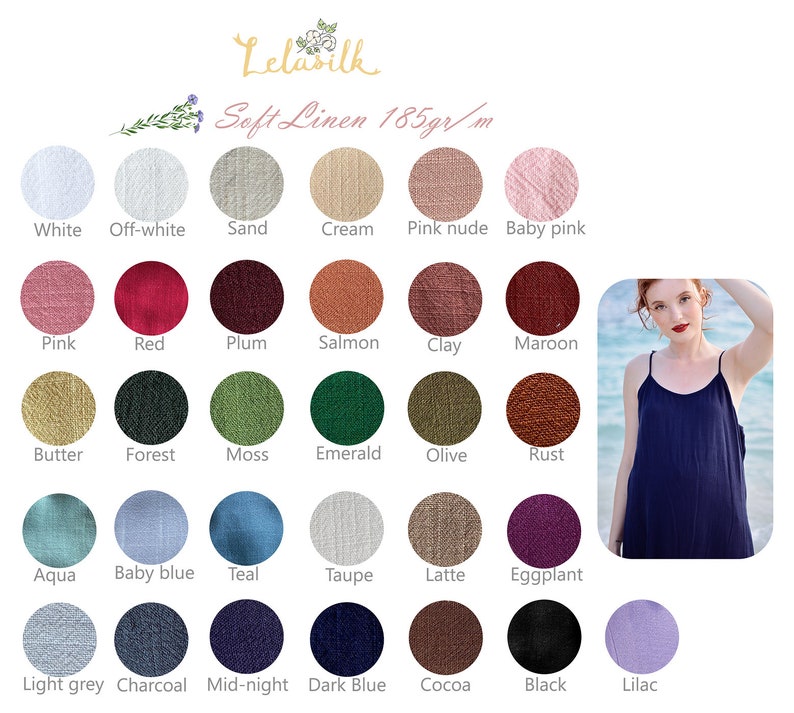 May include: Swatch card showing 24 different colors of linen fabric. The colors are arranged in four rows of six colors each. The colors include white, off-white, sand, cream, pink nude, baby pink, pink, red, plum, salmon, clay, maroon, butter, forest, moss, emerald, olive, rust, aqua, baby blue, teal, taupe, latte, eggplant, light grey, charcoal, mid-night, dark blue, cocoa, black, and lilac. The text "Soft Linen 185gr/m" is at the top of the card.