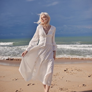 Linen Dress White Midi Linen Dress Organic Cotton Dress image 2