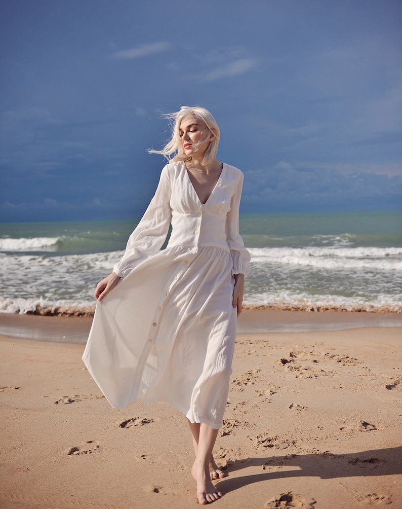 Linen Dress White Midi Linen Dress Organic Cotton Dress image 2