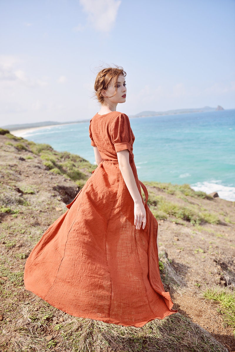 linen wrap dress etsy Linen Wrap Dress: Short Sleeve V-Neck Summer Dress