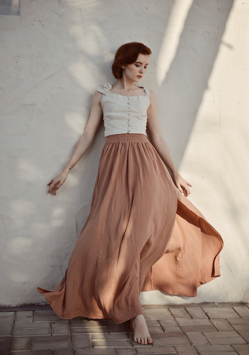 Linen Skirt Skirt Women Maxi Skirt with Adjustable Waist Cotton Skirt Women Side Slit Skirt image 2