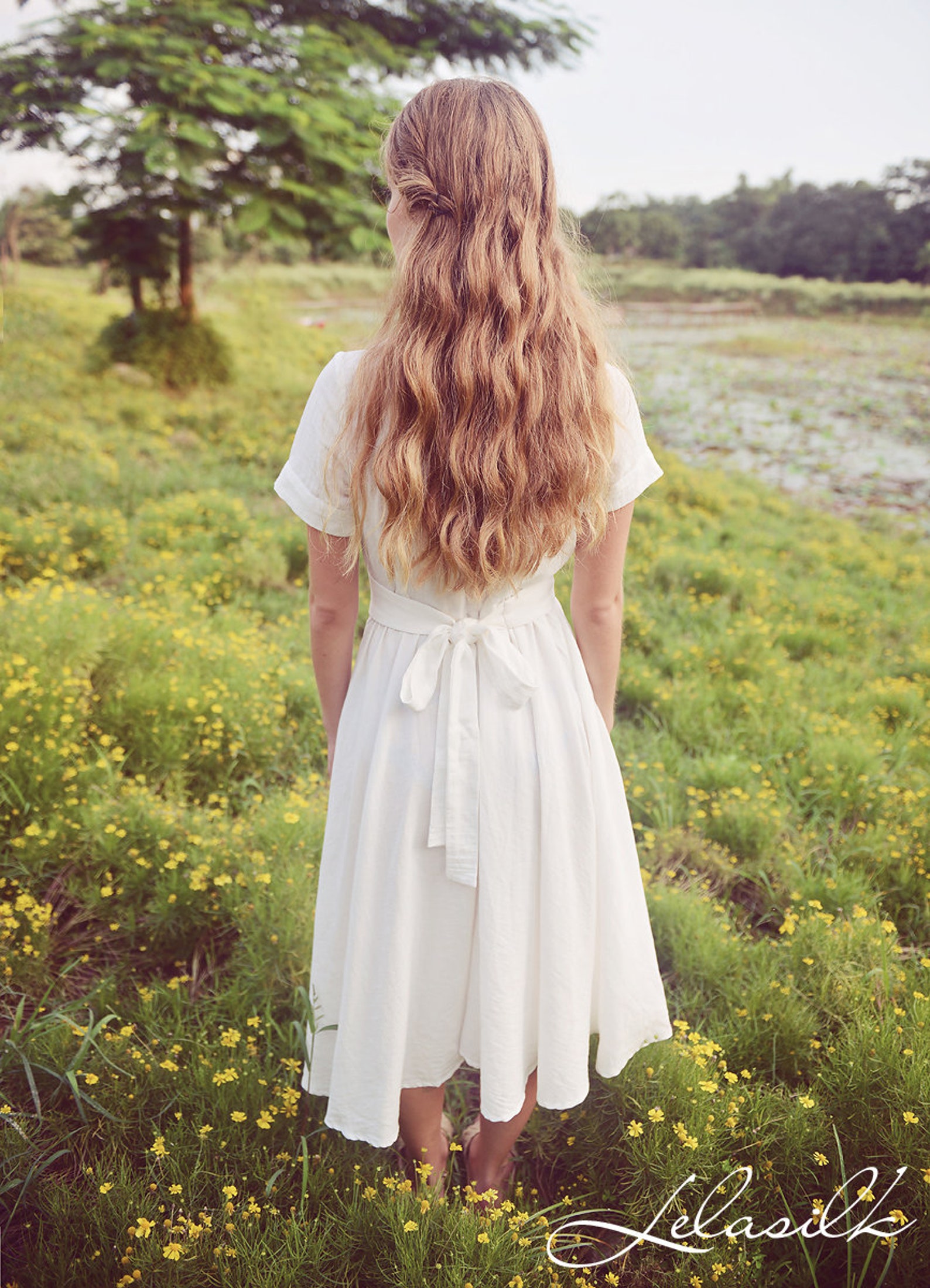 Women's Linen Collar Midi Dress