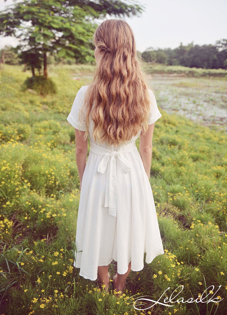 Summer Midi Linen Dress Linen Dress with Collar Midi Cotton Dress Women White Midi Dress Organic Cotton Clothing image 7