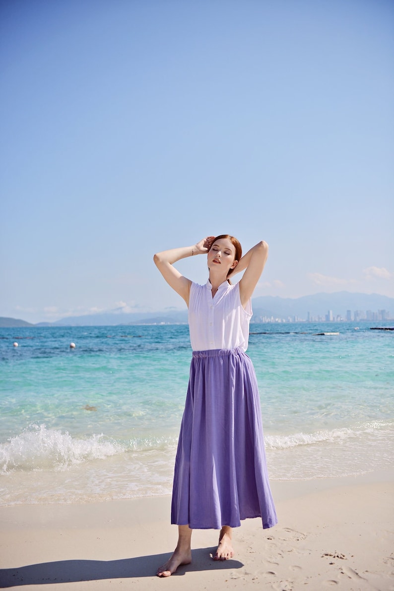 Linen Skirt Midi Length with Elastic Waist in Lilac image 1