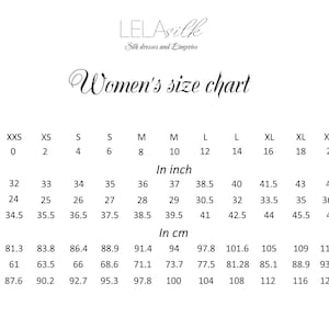 May include: A size chart for women's clothing, showing measurements in inches and centimeters for chest, waist, and hips. The chart includes sizes from XXS to XXL.