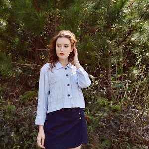 Leinenhemd Button Up - Langarm Leinen Top Damen - Leinen Bluse Blau - Baumwolle Hemden Kragen