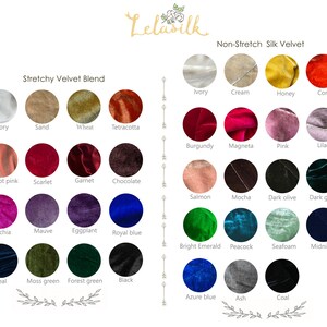 May include: A color chart of 24 different velvet fabrics. The chart is divided into two sections: "Stretchy Velvet Blend" and "Non-Stretch Silk Velvet". Each section features 12 different colors of velvet, including ivory, sand, wheat, terracotta, apricot pink, scarlet, garnet, chocolate, fuchsia, mauve, eggplant, royal blue, teal, moss green, forest green, black, burgundy, magneta, pink, lilac, salmon, mocha, dark olive, dark green, bright emerald, peacock, seafoam, midnight, azure blue, ash, and coal.