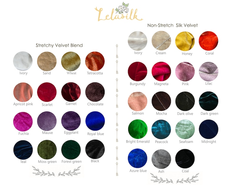 May include: A color chart of 24 different velvet fabrics. The chart is divided into two sections: "Stretchy Velvet Blend" and "Non-Stretch Silk Velvet". Each section features 12 different colors of velvet, including ivory, sand, wheat, terracotta, apricot pink, scarlet, garnet, chocolate, fuchsia, mauve, eggplant, royal blue, teal, moss green, forest green, black, burgundy, magneta, pink, lilac, salmon, mocha, dark olive, dark green, bright emerald, peacock, seafoam, midnight, azure blue, ash, and coal.