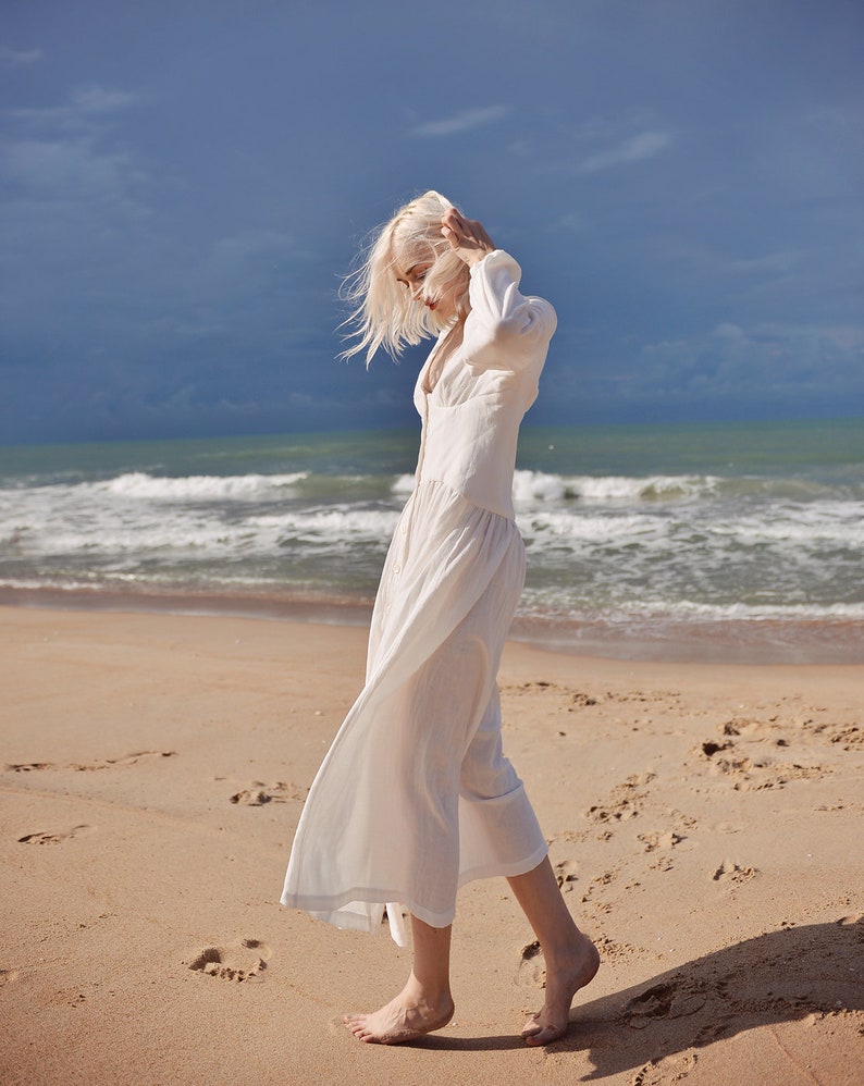 Linen Dress White Midi Linen Dress Organic Cotton Dress image 8