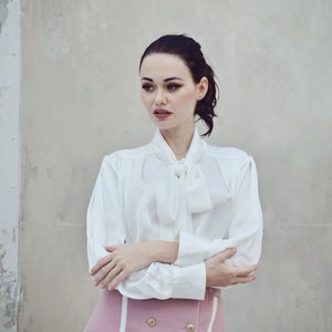 White Silk Blouse Silk Top Women White Silk Shirt image 3