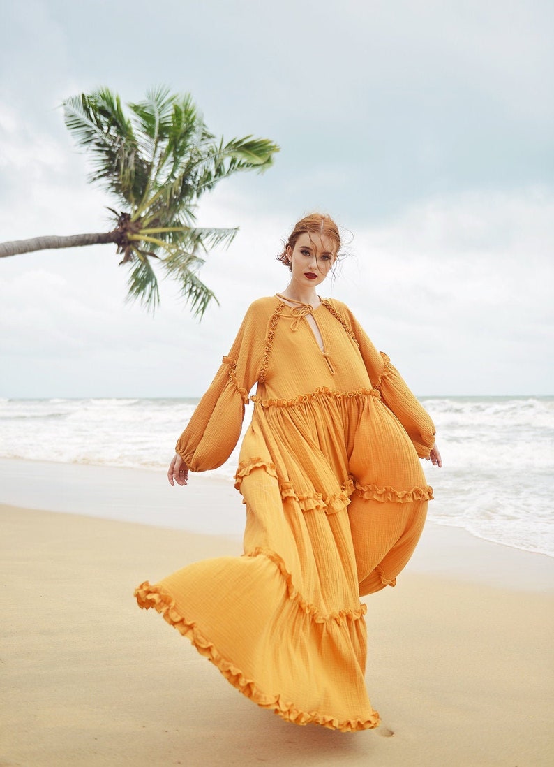 Boho Dress Full Length Long Sleeves Dress Linen Beach Dress image 9