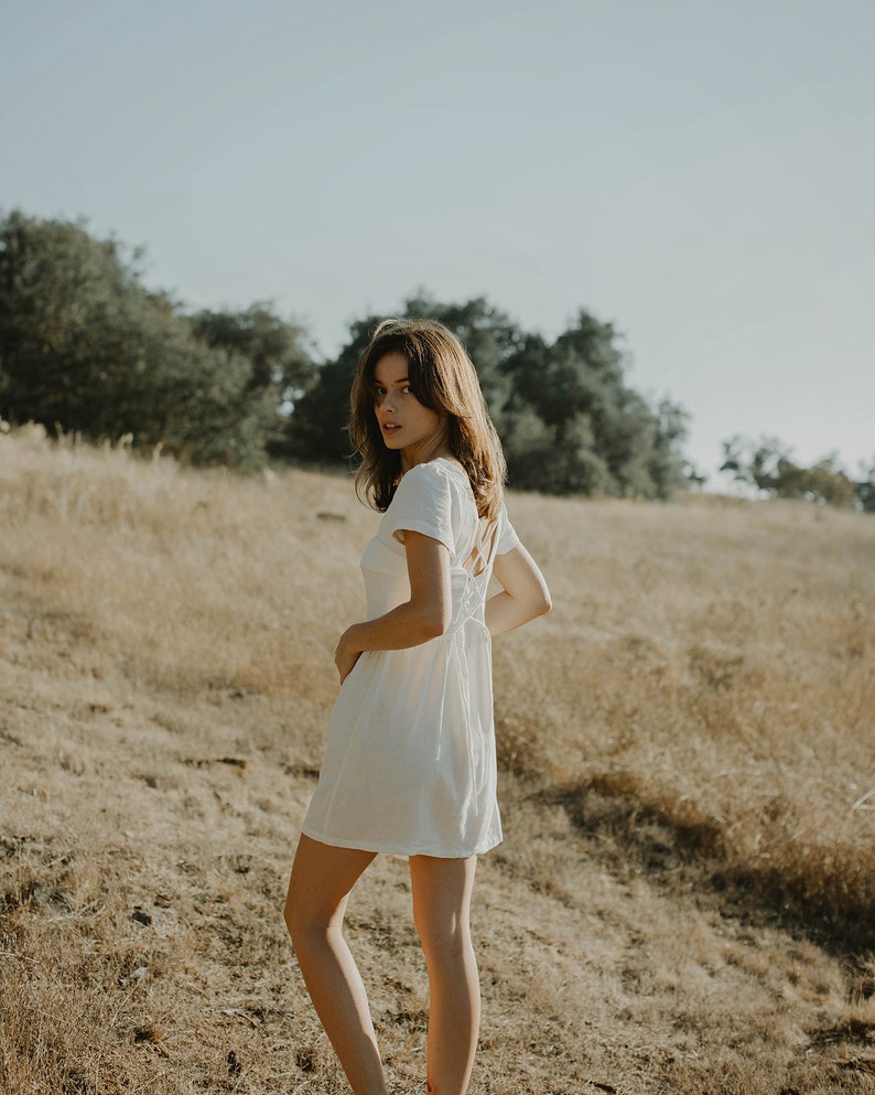 White Linen Dress - Short Sleeve Dress - Linen Short Dress - Womens Dresses image 8