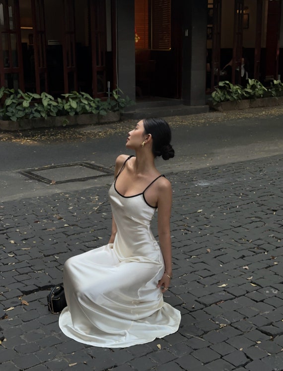 white silk bias cut dress White Backless Silk Wedding Dress With Cowl Neck Bias Silk Slip Gown