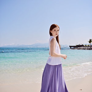 Linen Skirt Midi Length with Elastic Waist in Lilac image 8