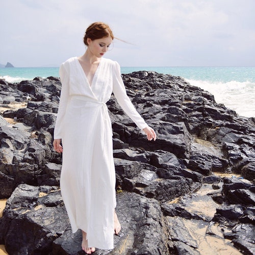 Linen Maxi Dress - White Linen Dress - Long Sleeve - Women Cotton Linen Dress - Organic Cotton Long Dress