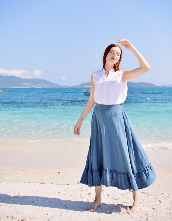 Linen Midi Skirt Womens Ruffles Hem Skirt Blue Skirt Summer Etsy Canada