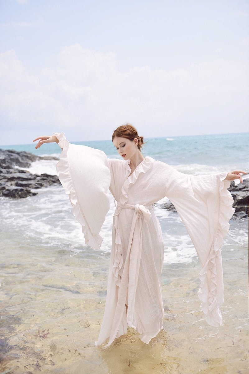 Kimono Robe Women - Linen Gauze Long Robe - Floor Length Gown - Long Dressing Gown - Long Sleeve Wedding Robe