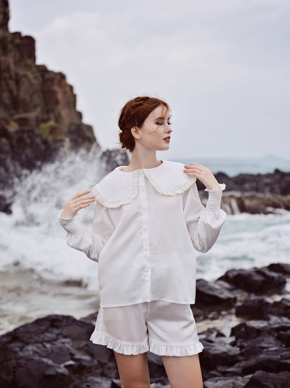 White Silk Blouse Big Collar Shirt Silk 