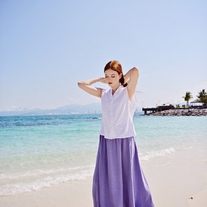 Linen Skirt Midi Length with Elastic Waist in Lilac image 6
